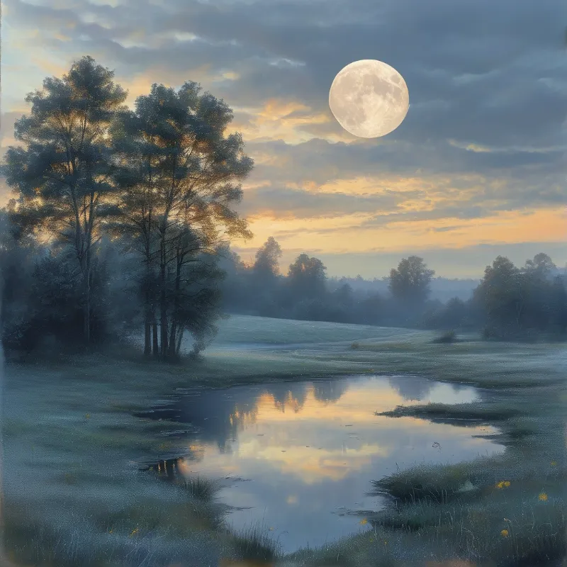 A bright full moon hangs between dusk clouds above a quiet meadow, its glow mirrored in a still forest pond.