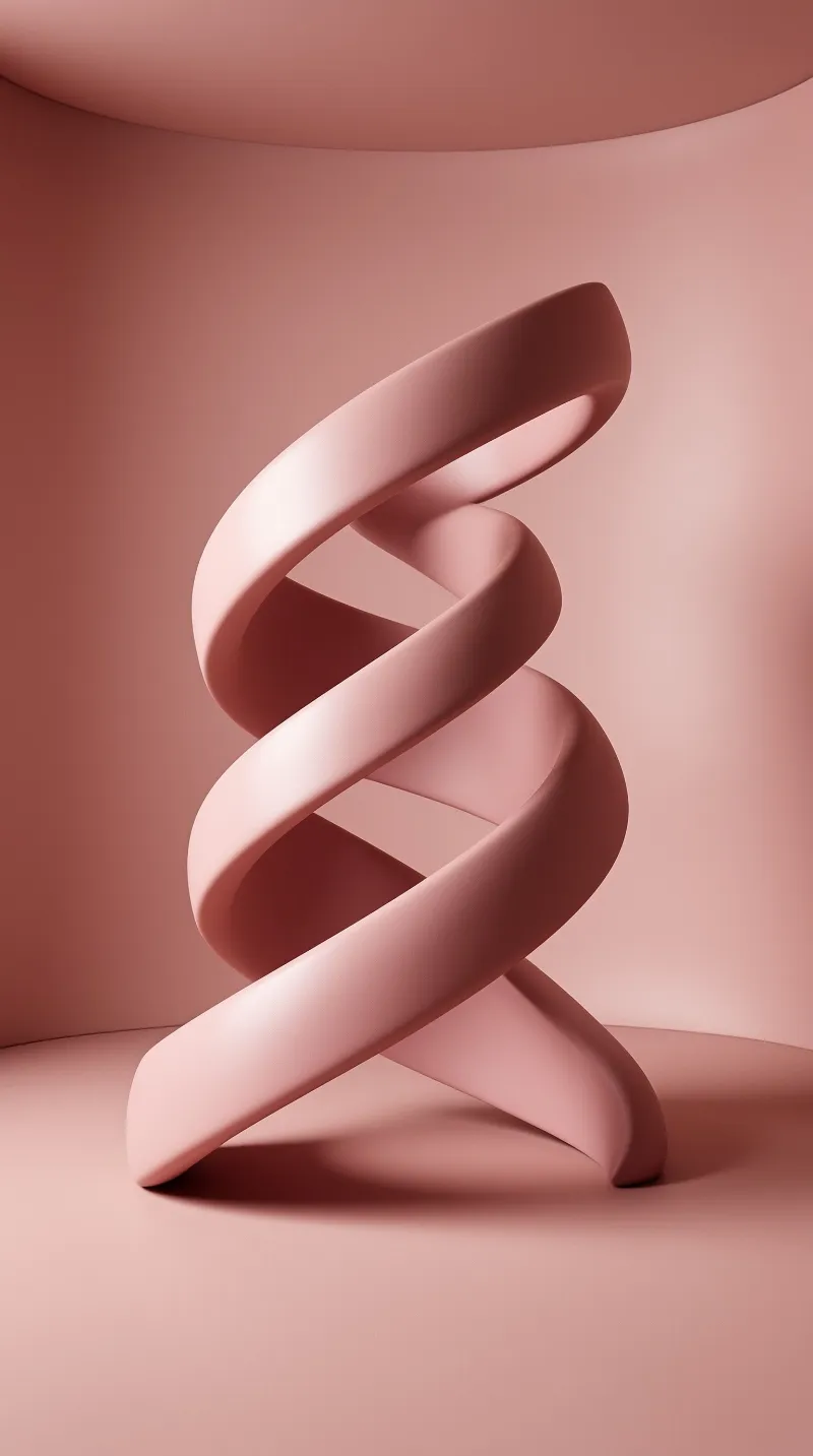 A smooth pink ribbon sculpture twists vertically within a seamless monochromatic studio environment.