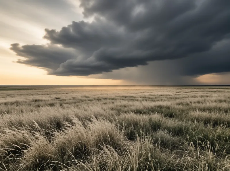Wide dry grass extends to the horizon beneath heavy dark clouds and golden horizon light.