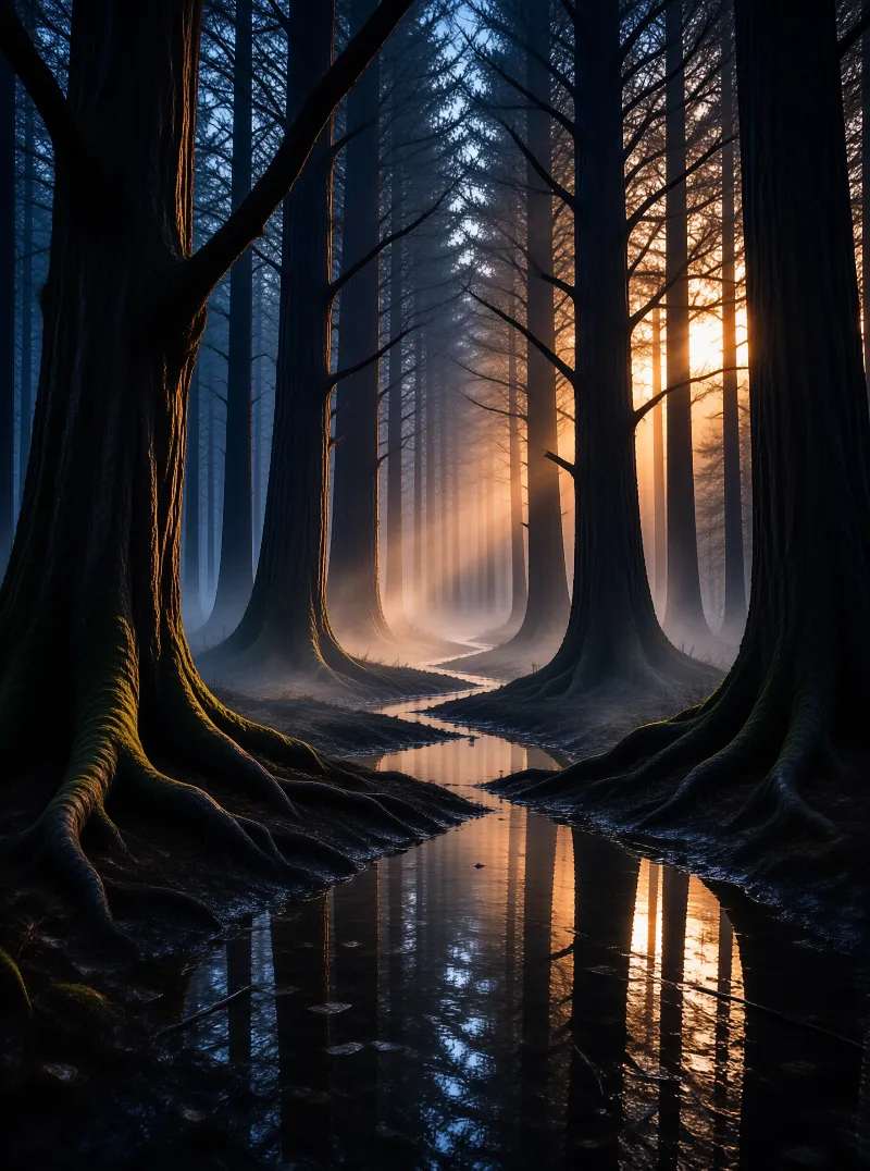 A narrow path winds through a tall misty forest as golden dawn light filters between the trees.