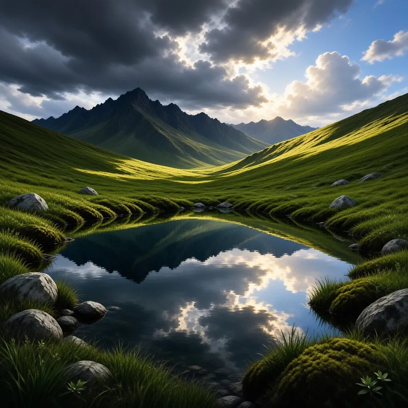 A still mountain pool mirrors jagged peaks and sunlit clouds, ringed by vivid green slopes under a brooding sky.