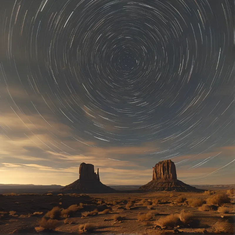 Concentric star trails swirl around the North Star above the sandstone buttes of Monument Valley beneath a warm golden glow