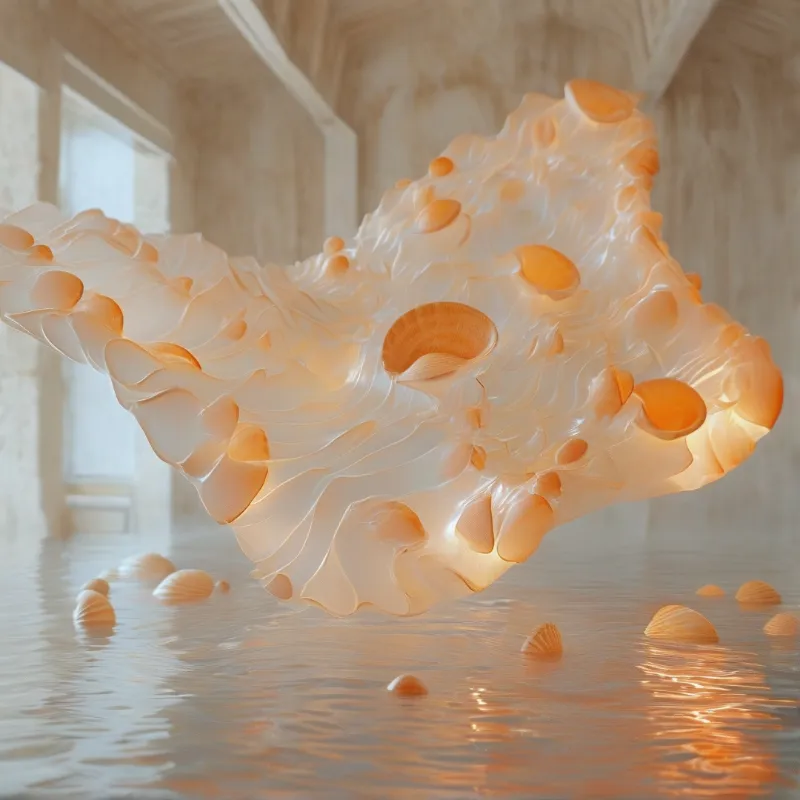 A rippled glass-like shell with glowing orange hollows hovers over a shallow pool inside a pale stone hall.