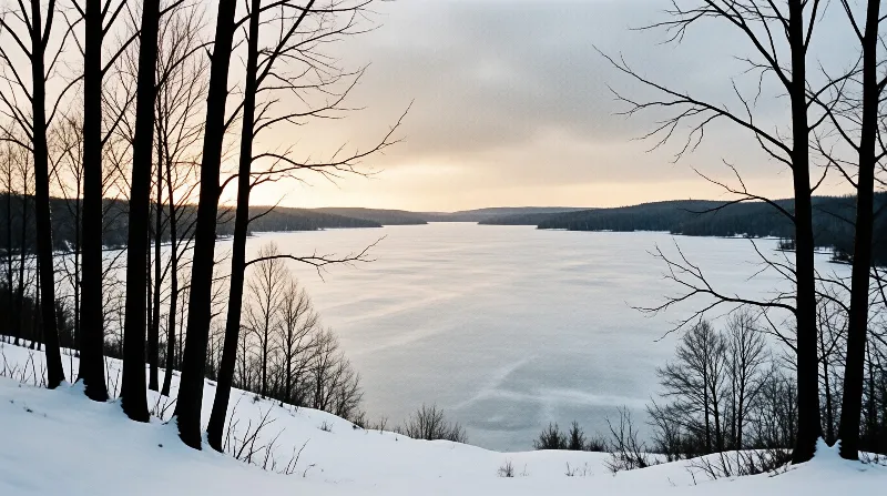 Bare trees frame a frozen lake covered in snow under a pale sky at dawn, with distant forested hills on the horizon.