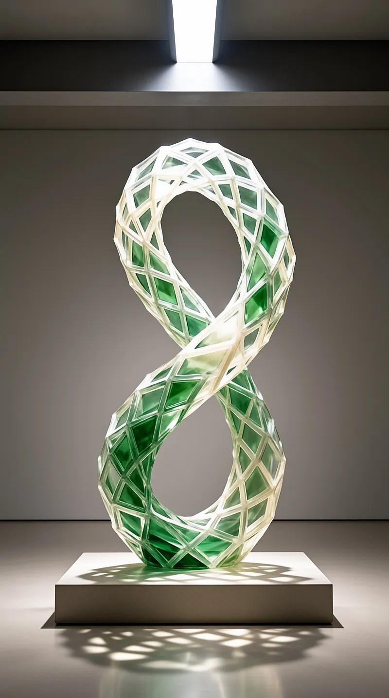 A translucent green lattice sculpture twisted into a figure eight rests on a pedestal under a skylight in a gray gallery.