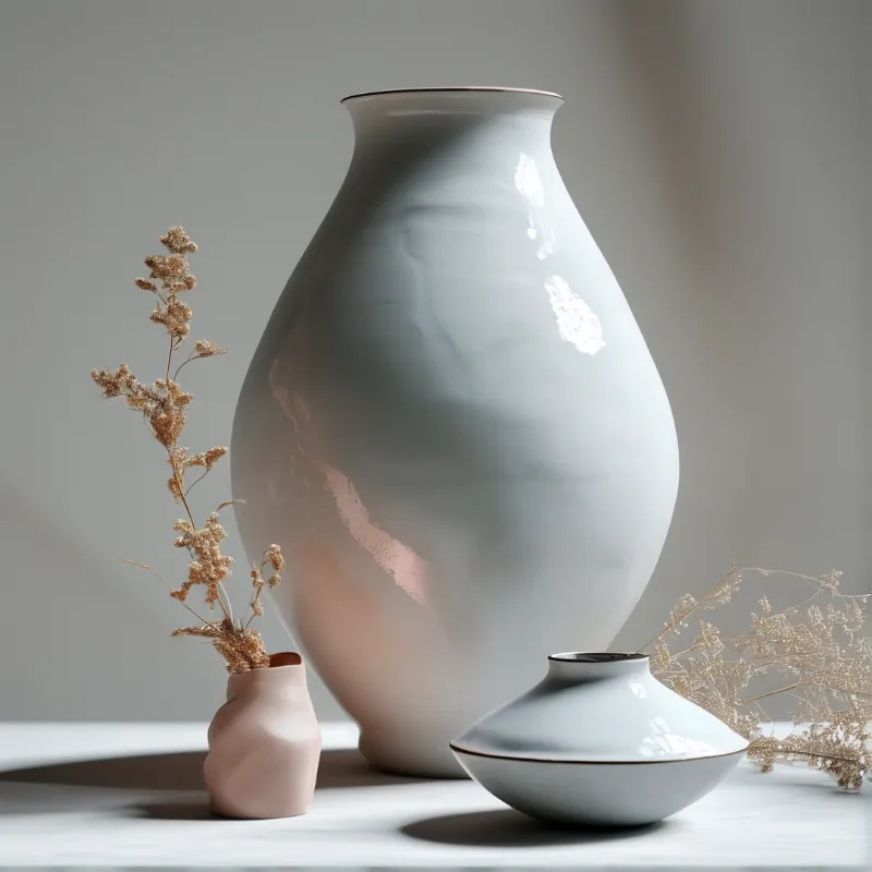 Glossy ceramic vases of different sizes sit on a white surface with dried beige sprigs in soft diffused light.