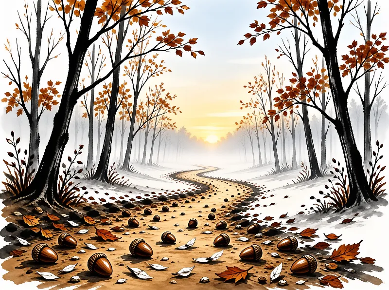 Curving acorn scattered dirt path winds through foggy autumn trees to a warm glowing horizon in the distance.
