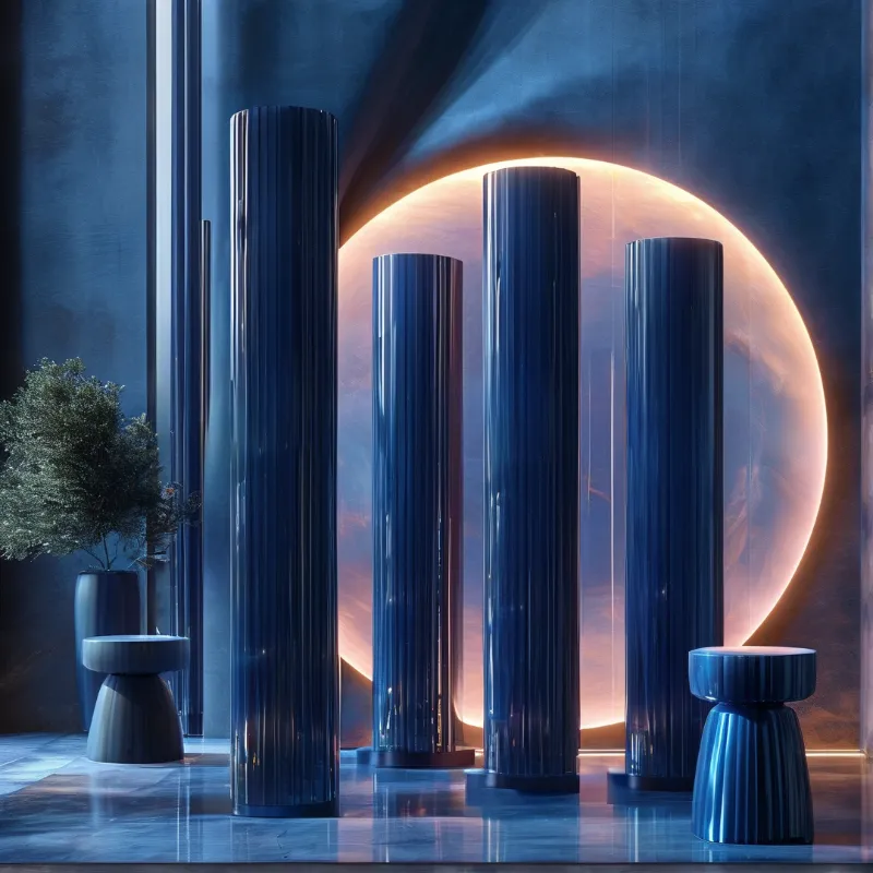 Tall glossy blue columns stand before a large glowing warm circular light in a dark modern room with a plant at left.