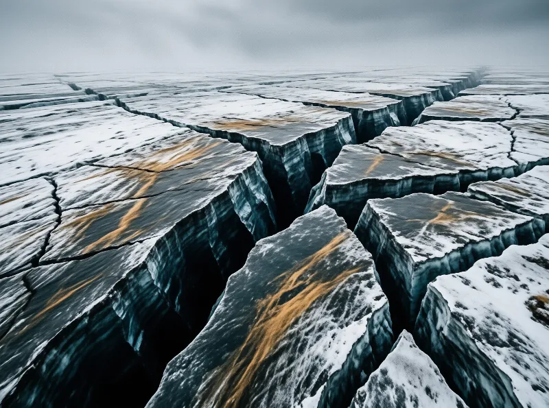 Deep black fissures cut between snow covered ice sheets streaked with rust coloured sand