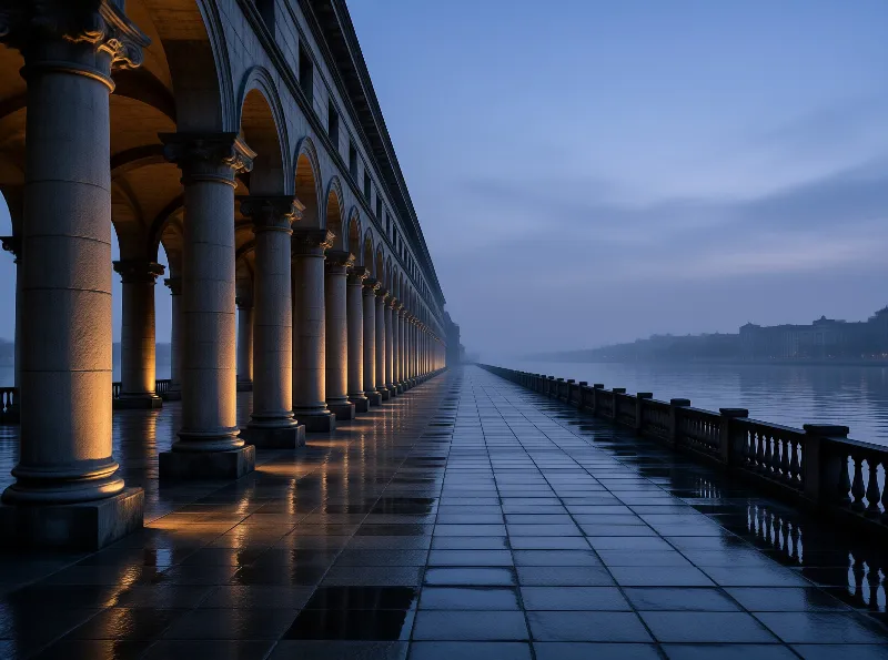 A stone colonnade runs along a rain slicked misty riverside at dusk, warm pillar light contrasts cool blue water.