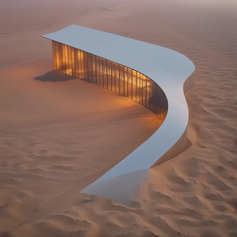A sleek white structure winds through the desert landscape with golden illumination radiating from inside the glass walls.