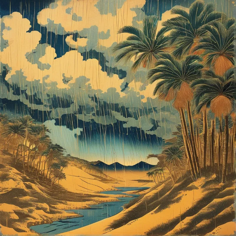 Illustration of tall palm trees lining a sandy river valley during a heavy rainstorm with golden clouds.