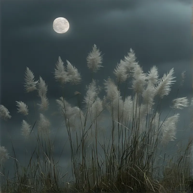 Tall white pampas grass stands against a dark cloudy sky with a bright full moon visible above.