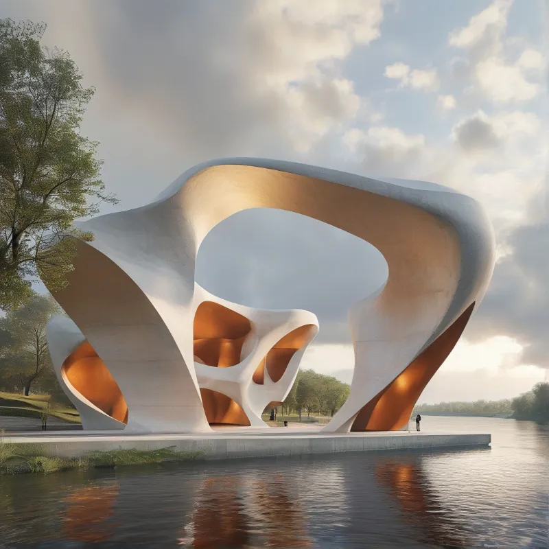 A large smooth white structure with glowing orange interior holes stands on a concrete slab next to calm water.
