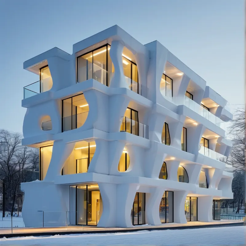 Curved white concrete frames wrap warm lit windows of an organic apartment block standing in fresh fallen snow.