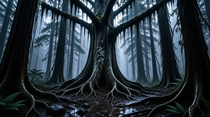 Enormous tangled roots spread across the damp forest floor while foggy blue air fills the tall trees.