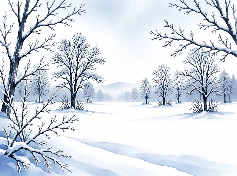 A wintry expanse of snow-covered field dotted with leafless trees under an overcast sky