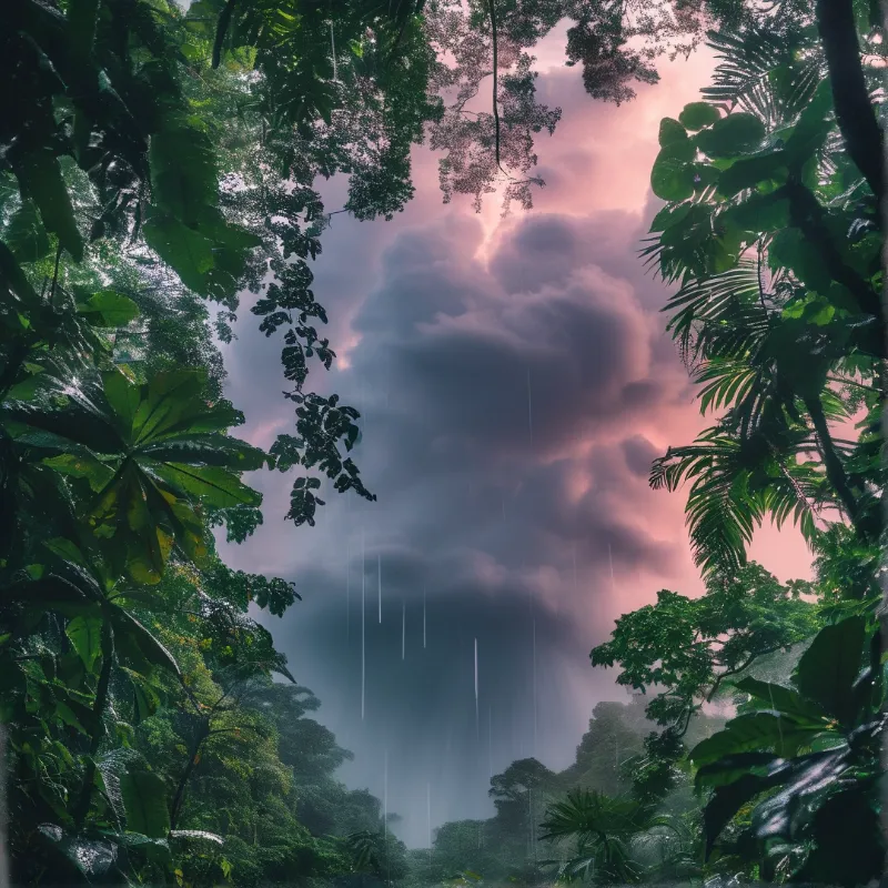 Heavy rain falls through a lush tropical forest canopy under a dramatic sky glowing with pink and purple hues.