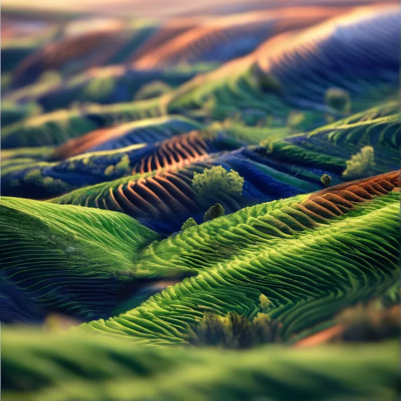 Vibrant rolling hills covered in distinct striated textures illuminated by warm golden sunlight and scattered bushes.