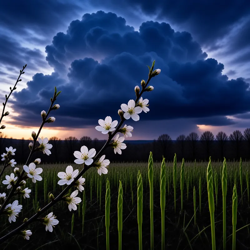 A white blossom branch diagonally crosses a dark field of green shoots beneath a blue storm cloud glowing with sunset.