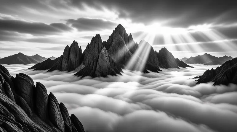 Black and white photograph showing steep rocky summits breaking through a thick layer of fog while bright light rays cut through the sky.