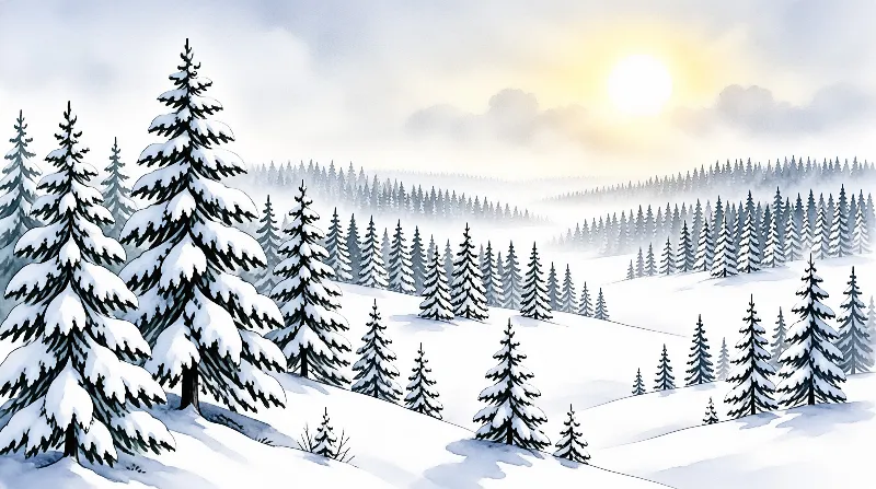 Tall evergreen trees covered in snow stand on rolling hills beneath a bright sun and foggy sky.