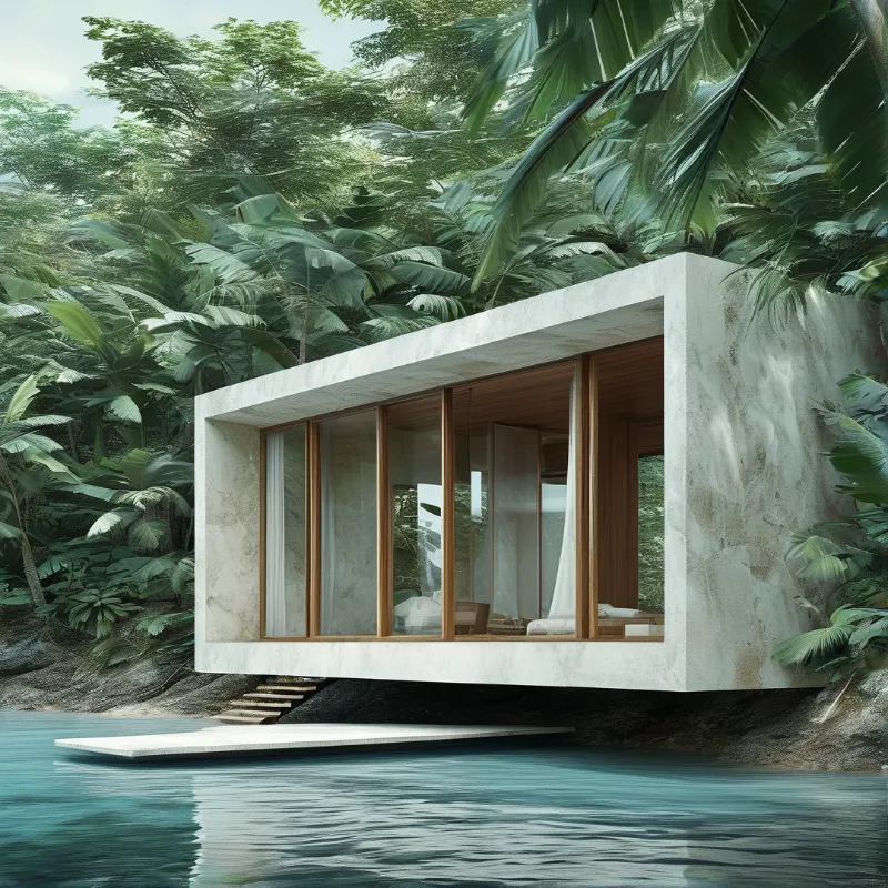 A minimalist concrete building with large glass windows sits on a rocky shore surrounded by dense green foliage.