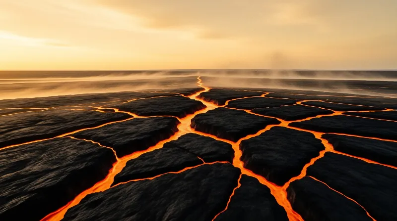 Cracked dark basalt rock filled with bright orange molten lava streams stretching toward a hazy horizon under a warm sky