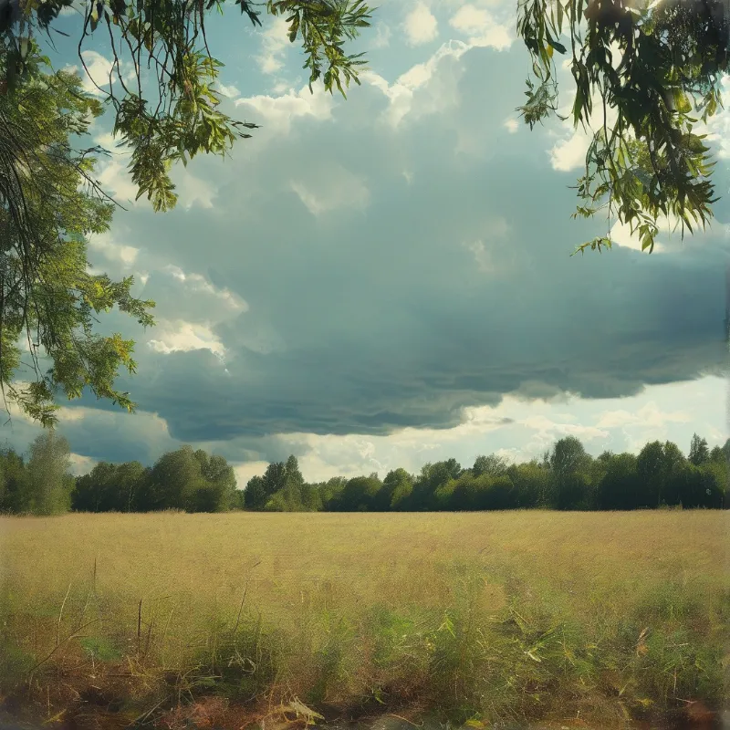 A grassy field stretches toward a dark tree line beneath heavy storm clouds, framed by overhanging green branches.