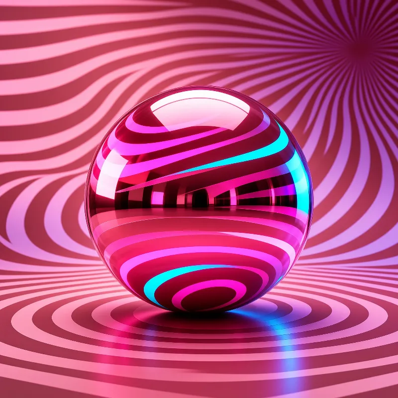 A glossy metallic orb mirroring swirling magenta and cyan light across a hypnotic striped background