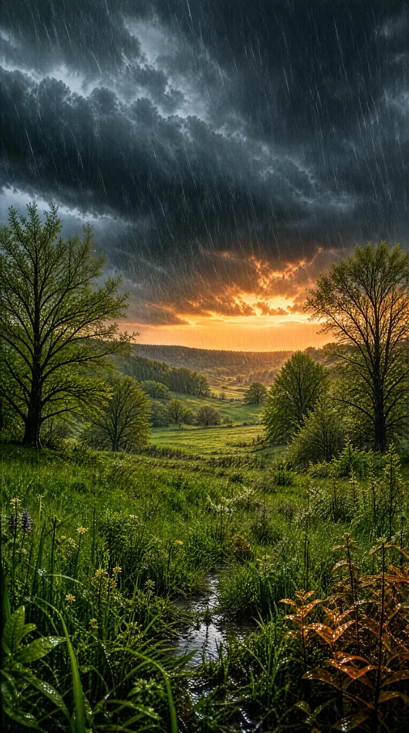 Rainy Sunset Over Countryside