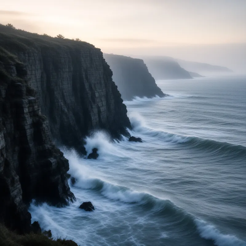 Towering dark rock formations line the shore while white foam from crashing surf rises into the foggy air.