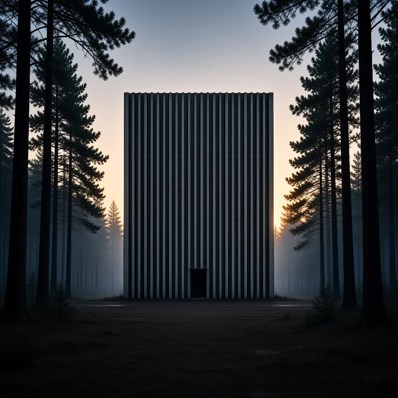 A dark striped structure stands in a clearing framed by pines with sunrise light visible through the mist.