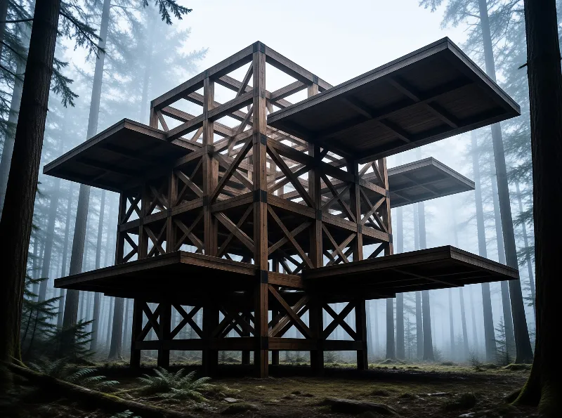 A large wooden skeletal structure with cross bracing stands in a misty forest surrounded by tall evergreen trees.