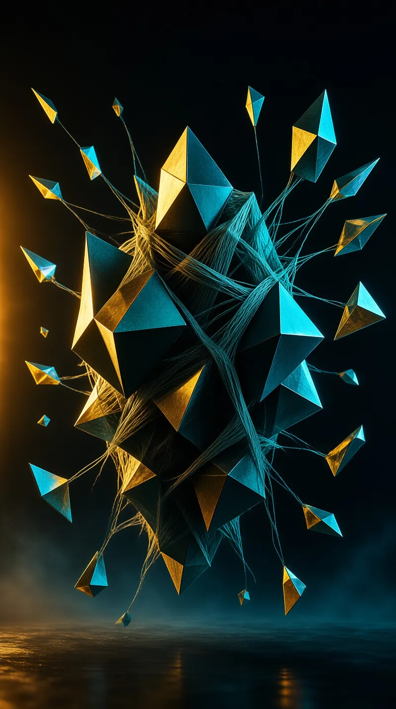 Faceted pyramids linked by fibrous threads suspended in a dark void illuminated by warm gold and cool cyan light.