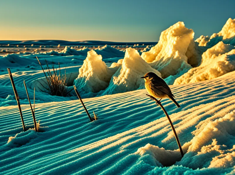 A small bird perches on a thin reed within a landscape of wind-carved snow illuminated by warm sunlight.