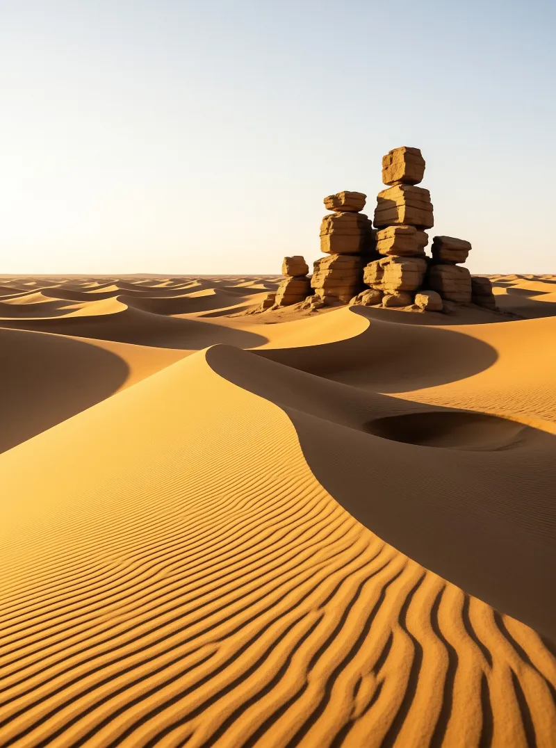 Wave-like sand ripples sweep across rolling desert dunes toward a weathered rock outcrop under warm light.