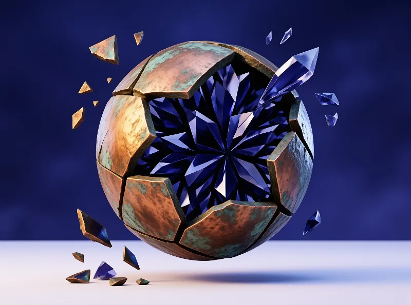 Shattered bronze shell opens to display faceted blue crystal with floating debris