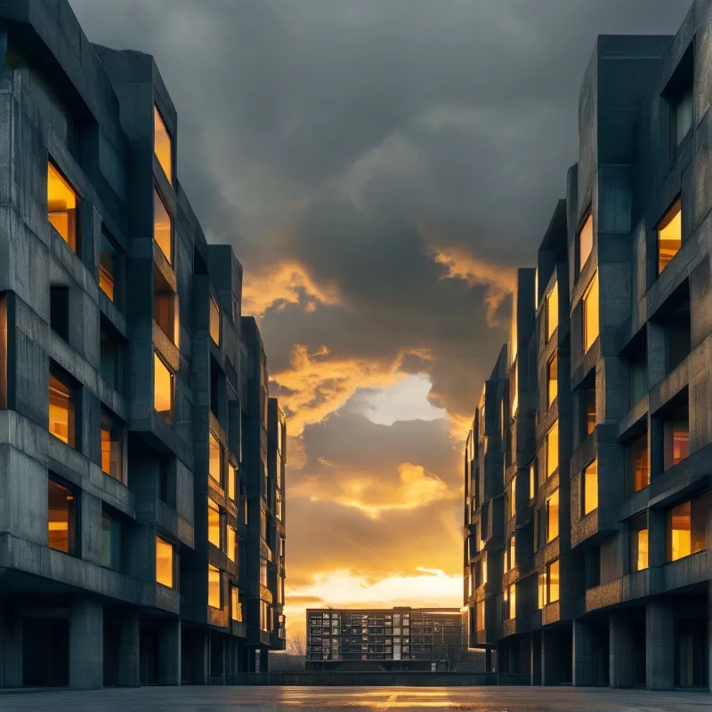 Grey concrete residential blocks flank a plaza, their lit amber windows contrasting with dramatic golden sunset clouds.