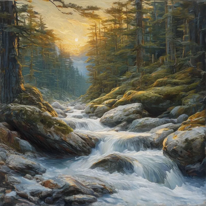 A rocky mountain stream cascades through a pine forest as the setting sun glows through the trees.