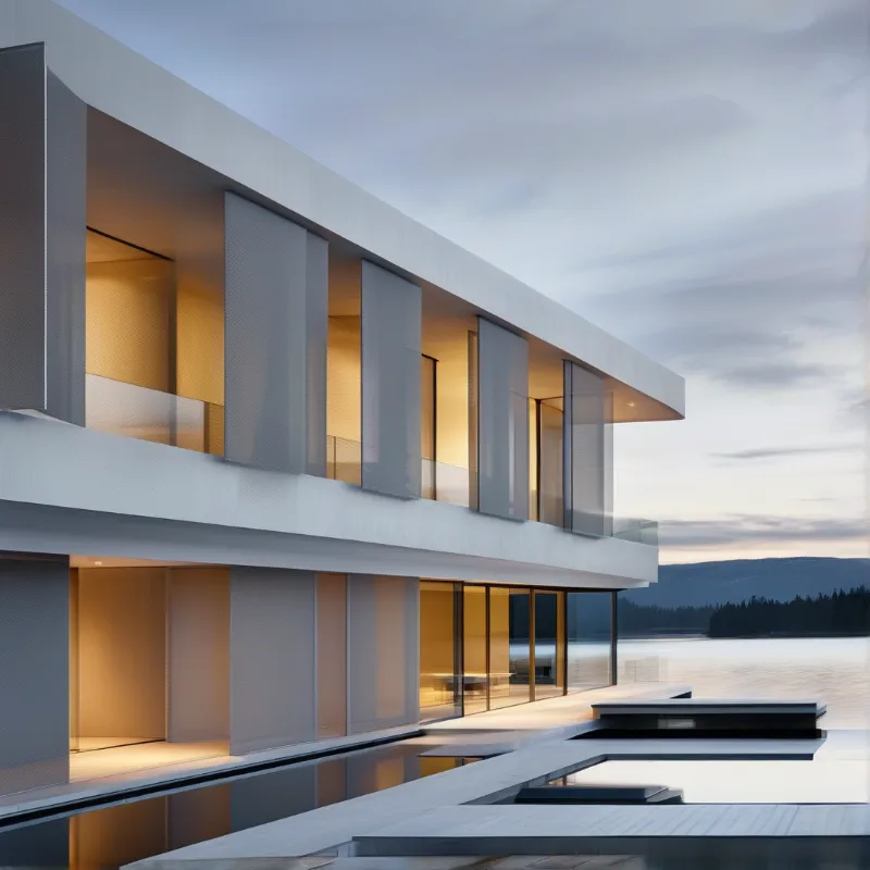 Modern house with glass windows overlooking a calm lake, featuring warm interior lighting and a cantilevered upper floor.