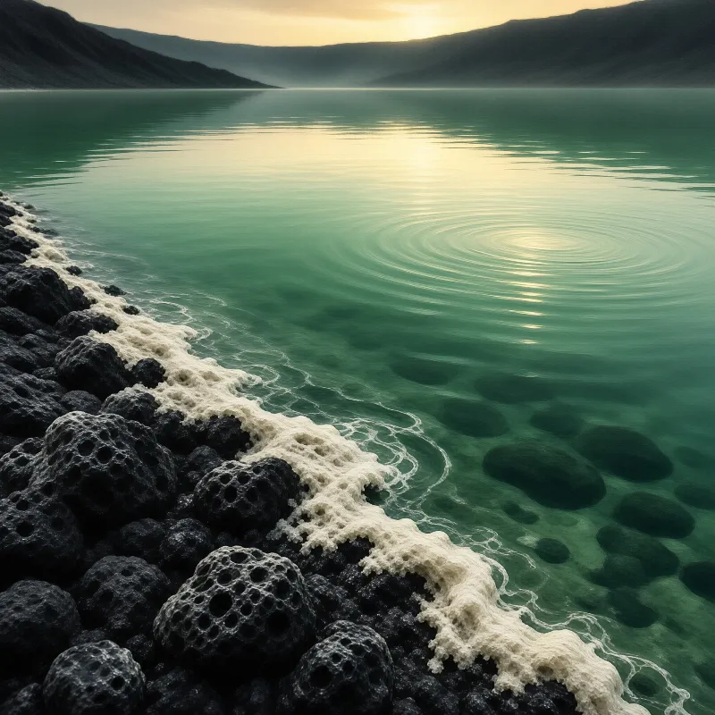 White foam washes over dark porous boulders bordering a clear green water body under a hazy sky.