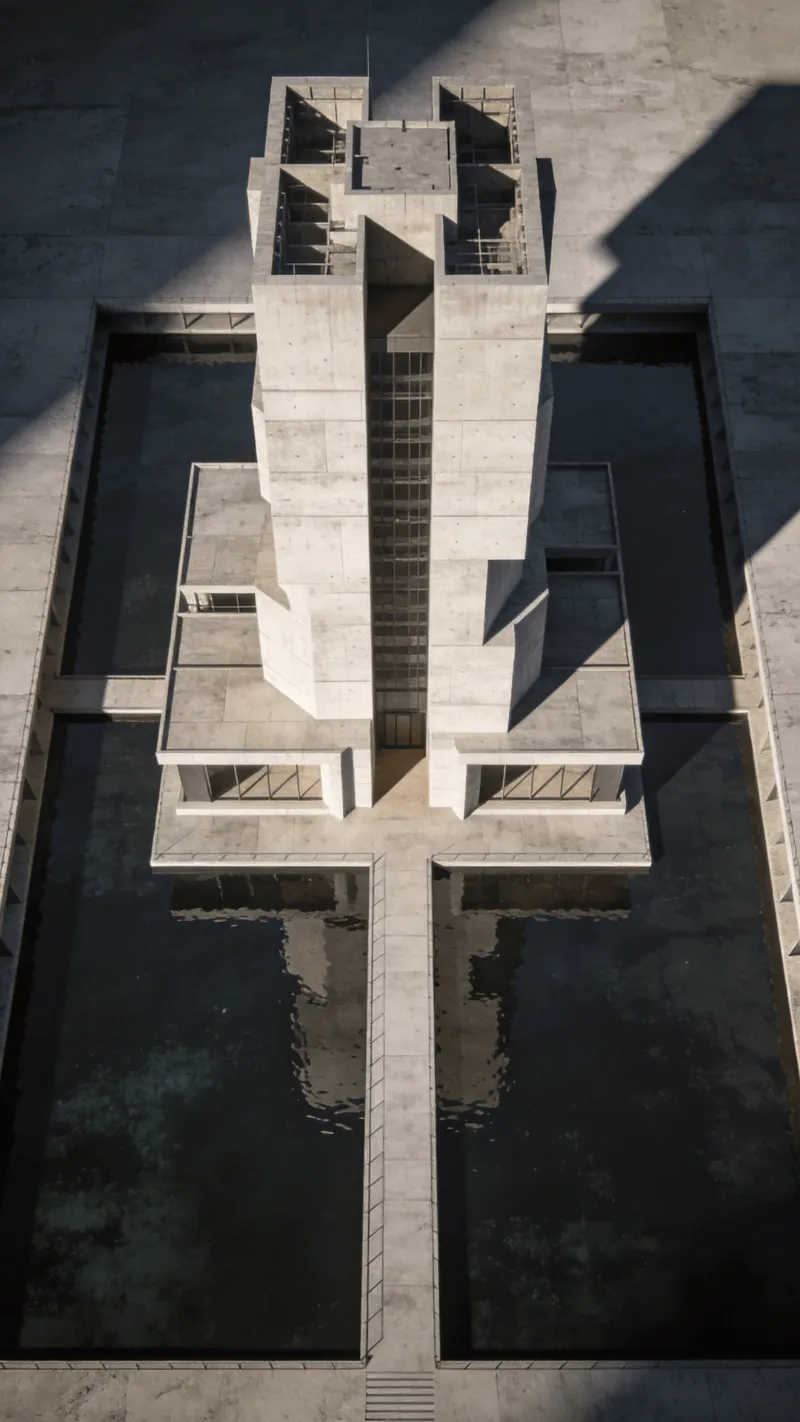 Tower with Brutalist Massing — Reflecting Pool
