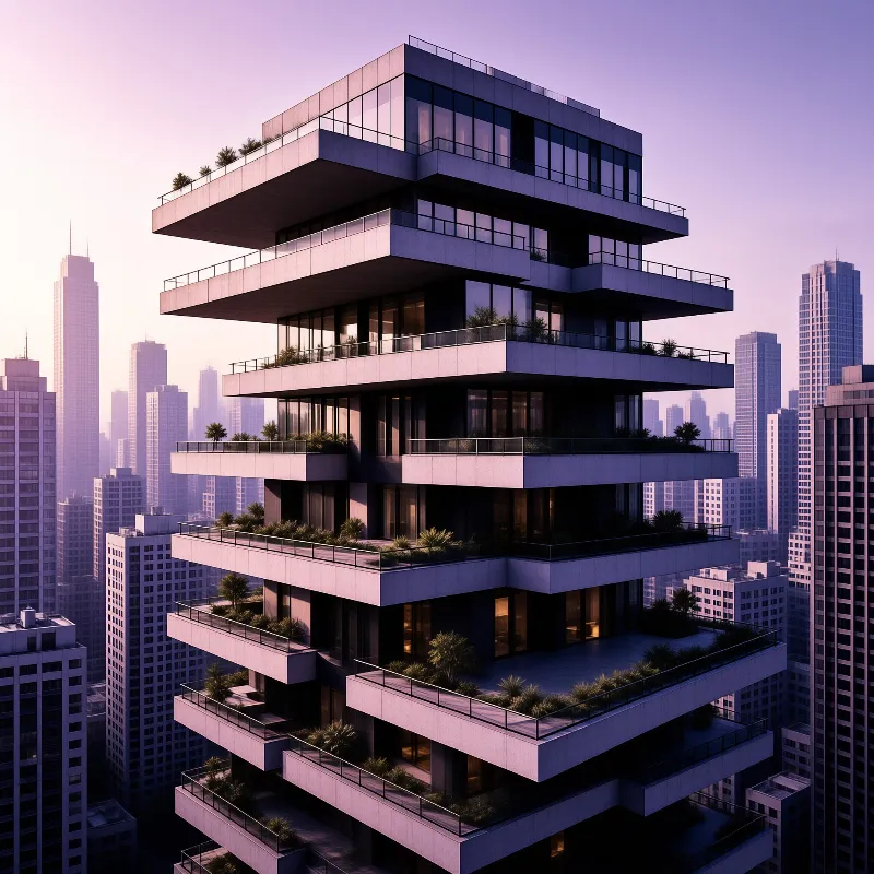 A modern tower with stacked balconies and plants stands against a purple twilight sky in a city.