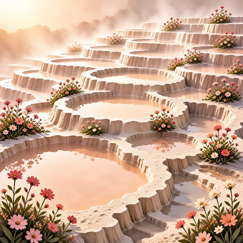 Tiered pastel pools surrounded by blooming flowers in a misty golden sunrise landscape.