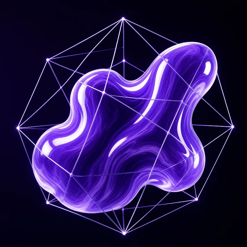 A swirling purple liquid mass is enclosed by a bright white icosahedron wireframe against a black void.