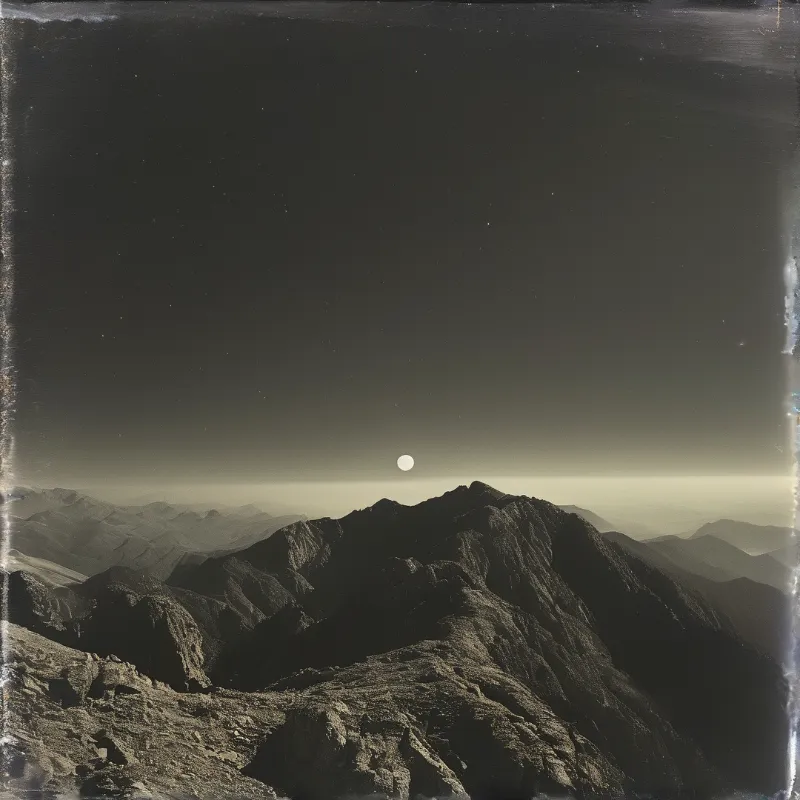 A rugged mountain range stretches across the landscape while a full moon hangs in the darkening sky above the horizon.