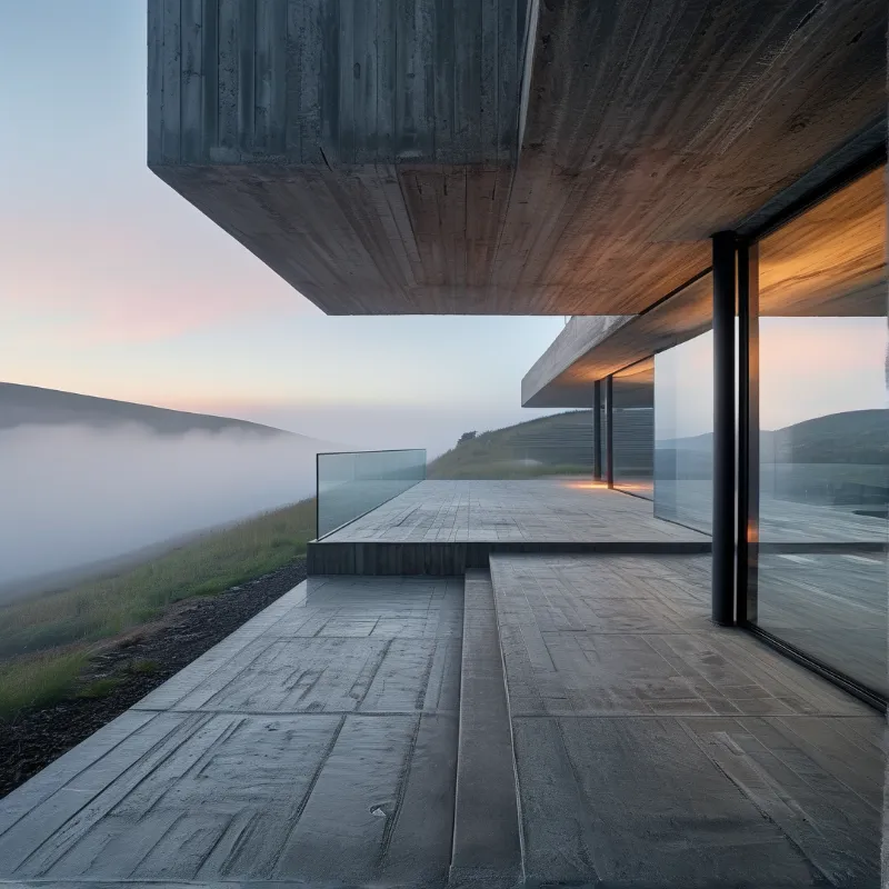 A modern concrete house with glass walls overlooks a foggy valley from a high hillside under a pale pink and blue sky.