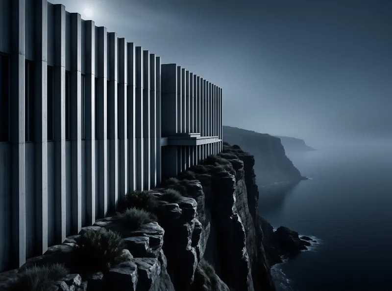 A grey ribbed building rests on a rocky sea cliff while fog hides the distant shoreline and a pale sun glows in the twilight sky