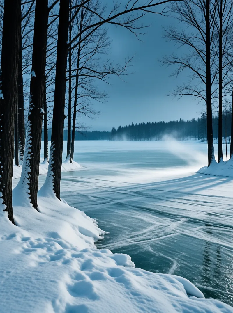 Bare dark trunks frame a snow covered frozen lake with blowing mist under cold steel blue winter light